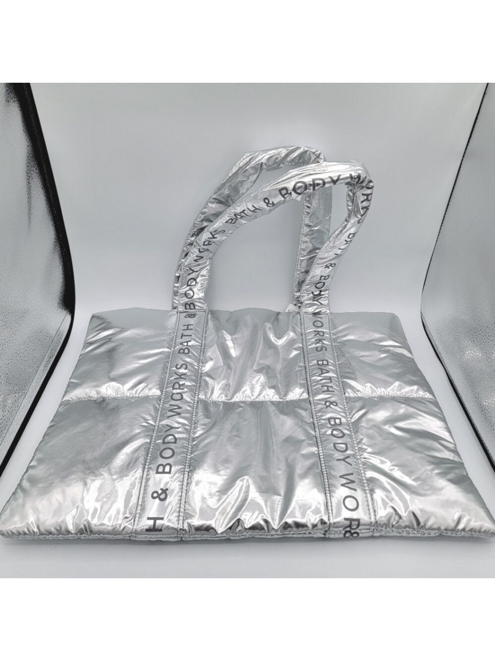Bath & Body Works Silver Puffy Tote NEW #2537